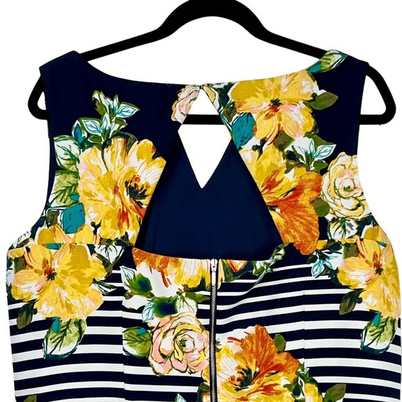 Dress 16W Dress Barn Navy Sleeveless Floral Striped Pockets Back Keyhole EUC - Picture 7 of 12